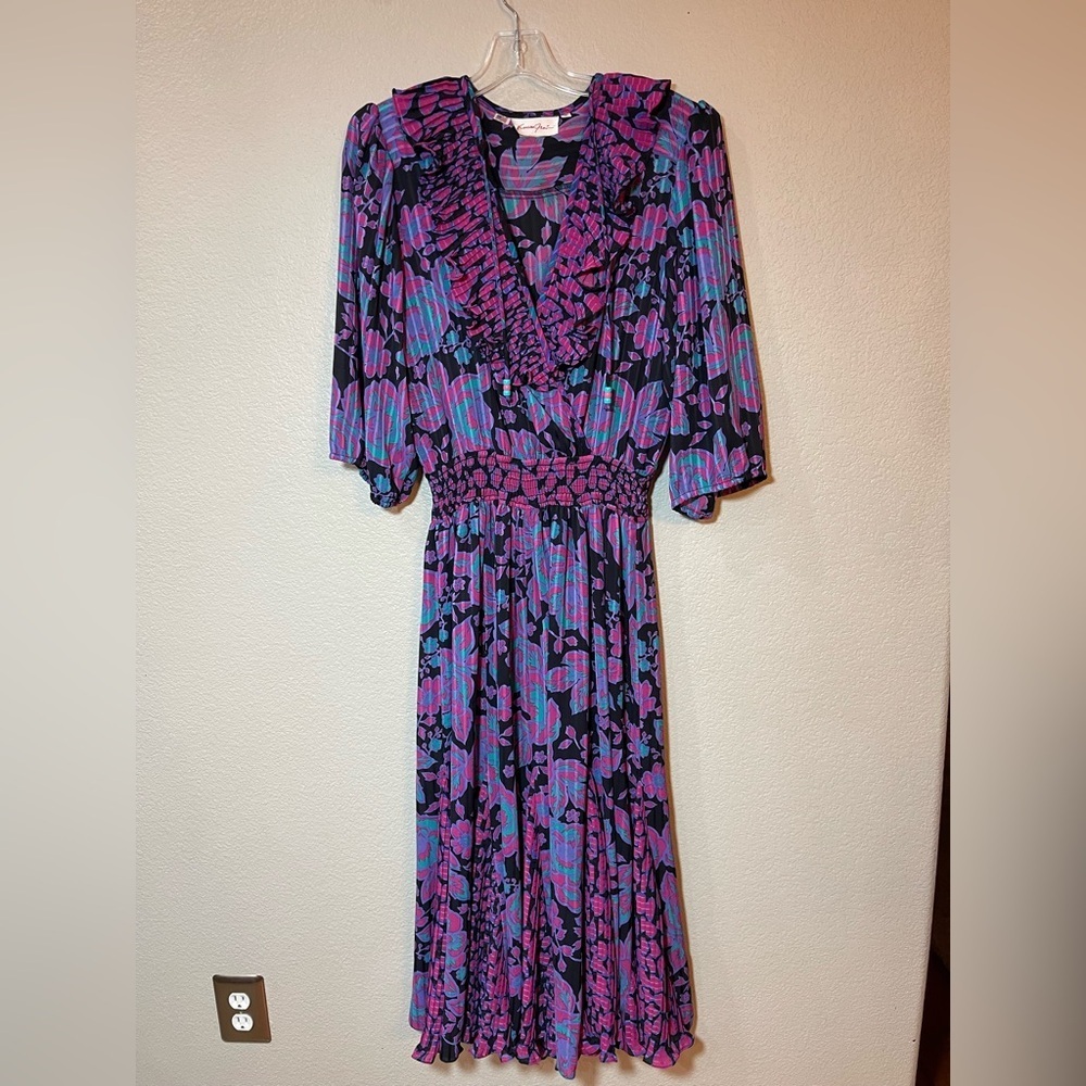 Vintage Susan Freis Floral Ruffle Midi Dress 80s Cottagecore Small